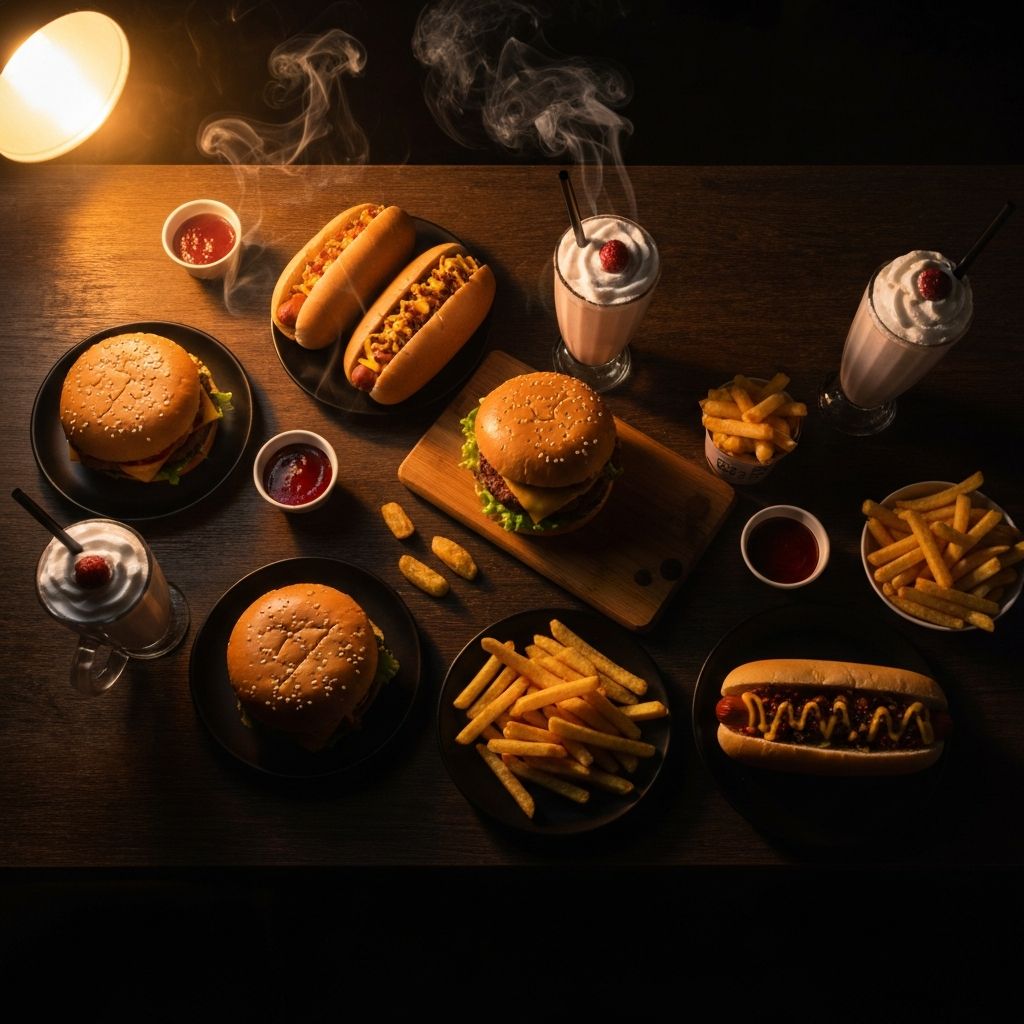 Delicious food spread on a dark table